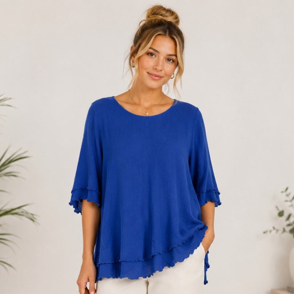 Soft Surroundings Gauzy Blouse Women's Size L Blue Minimalist Coastal Casual